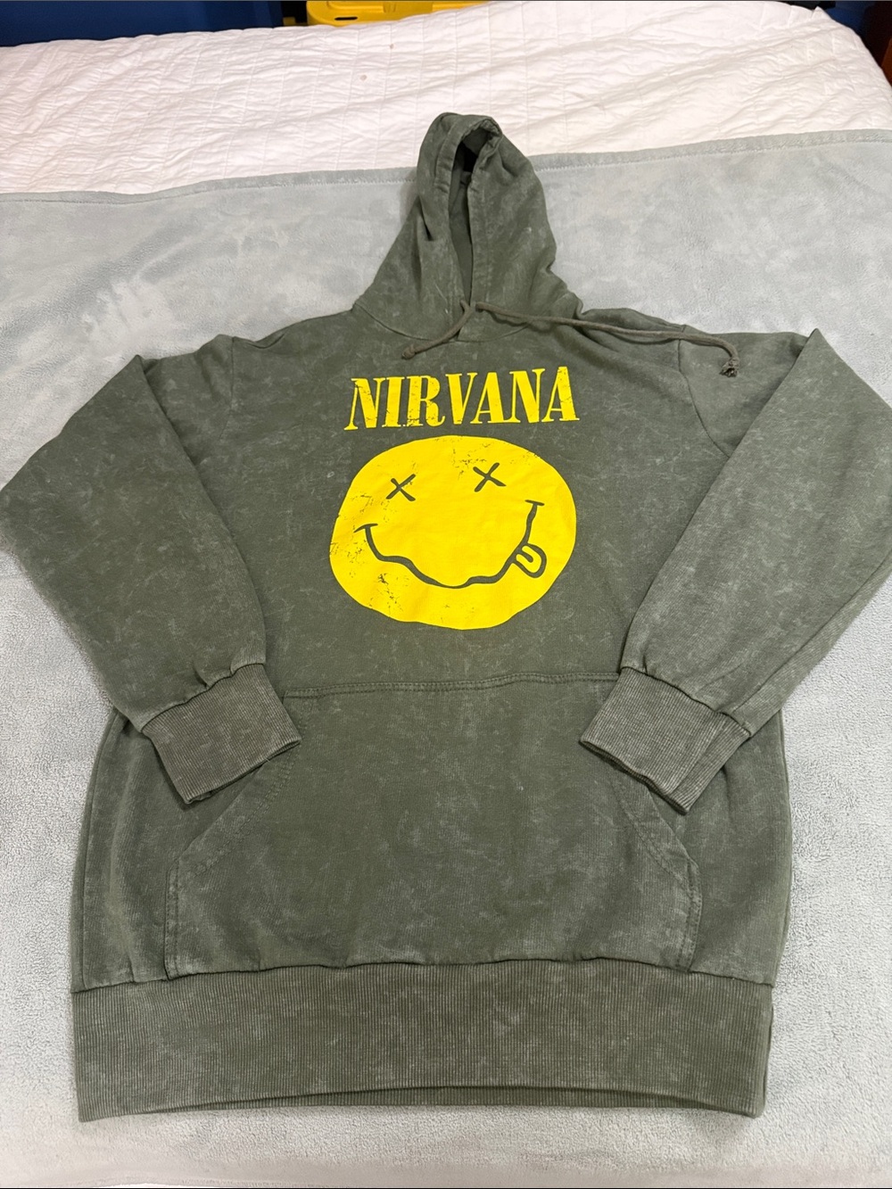 NIRVANA Olive Crewneck Hoodie with Yellow Smiley Graphic
